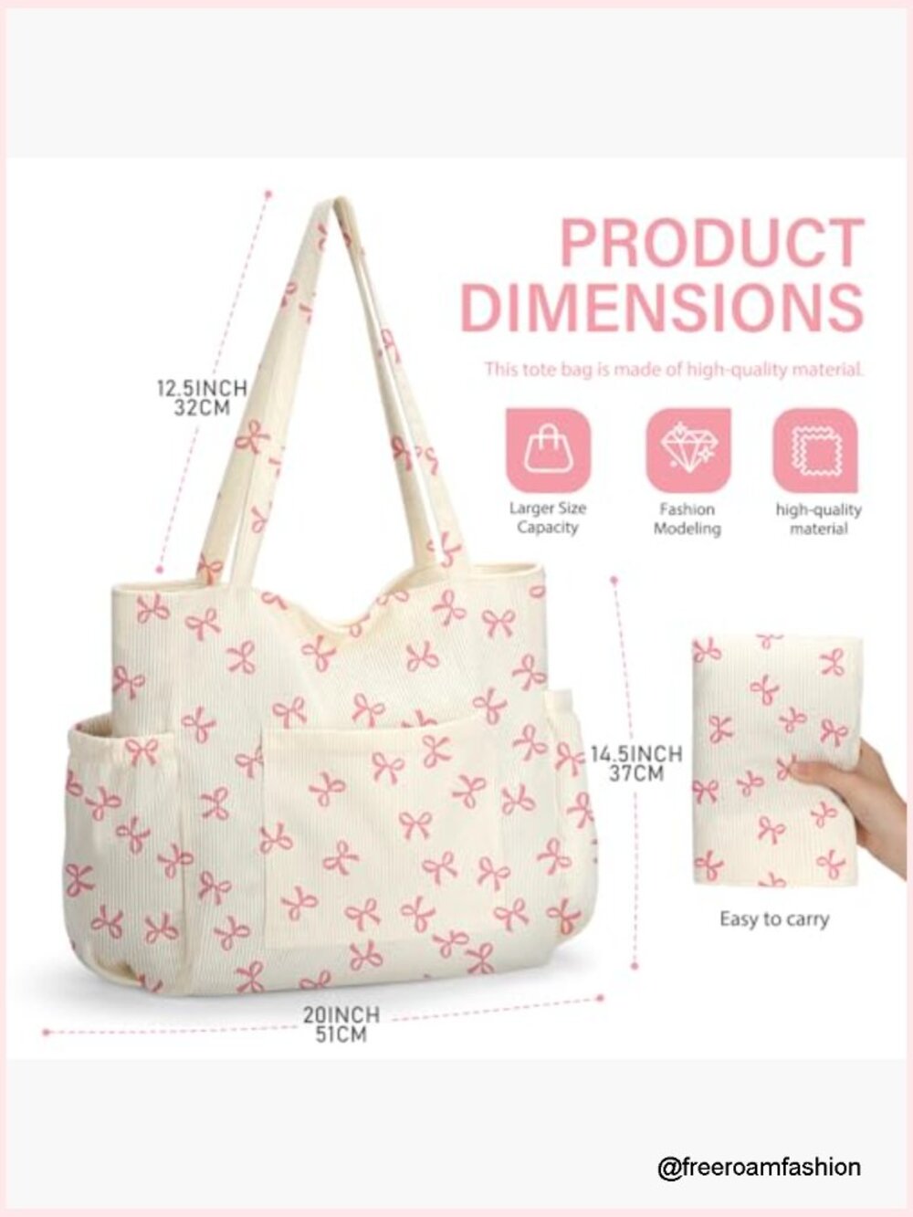 Corduroy Tote Bag, Large Capacity with 6 Pockets, Crossbody Shoulder Handbag - Picture 6 of 7